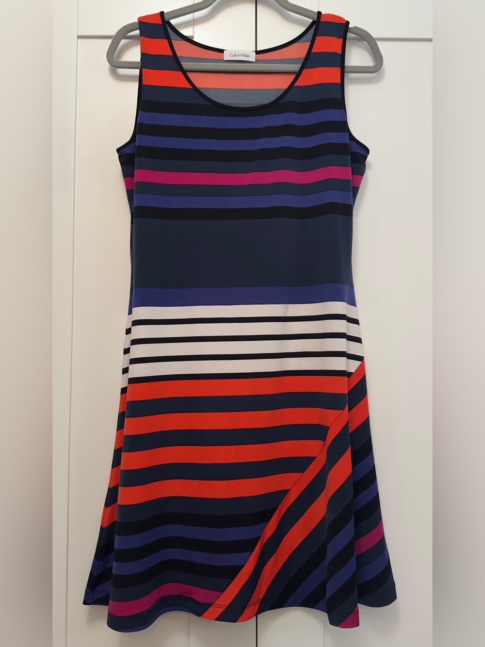 Calvin Klein Striped Flare Bottom Sleeveless Dress Navy Red and White Sz MED